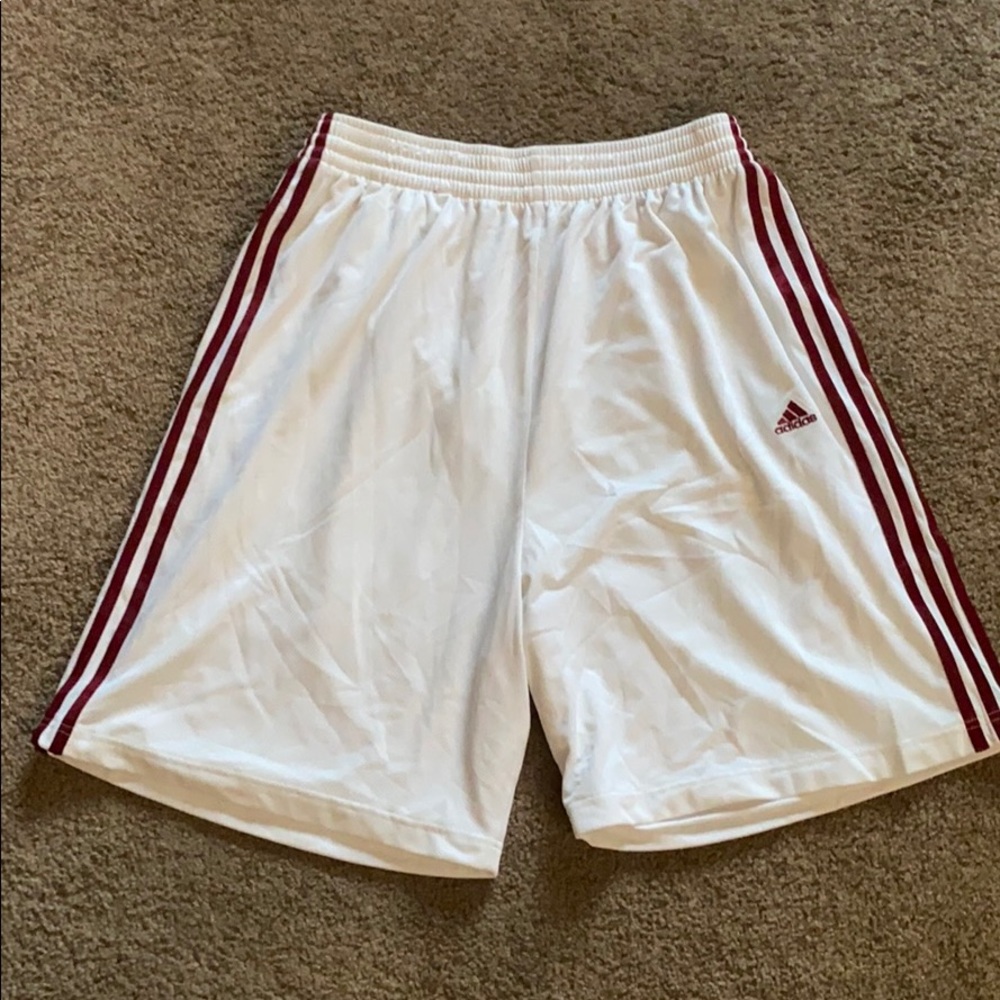 Adidas white mesh red striped basketball shorts L